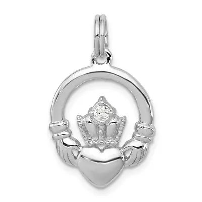 Sterling Silver Irish Celtic Claddagh With Heart CZ Charm Pendant 1.02  • $29.32