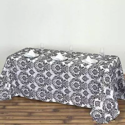 90-Inch X 132-Inch Black And White Rectangular Damask Flocked Taffeta Tablecloth • $22.37