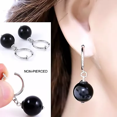 #E118C Pair NON-PIERCING Spring Clip On Earrings 12mm Obsidian Ball Women Men • $7.49