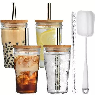 4-Pack 16 Oz Glass Cups With Bamboo Lids And Straws Mason Jar Glass Tumbler... • $30.99