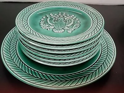 Antique Green Majolica Plates [E.Pluribus Unum On Ribbon]  Set Of 7 • $49.95