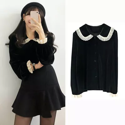 $23.31 • Buy Ladies Velvet Lace Blouse Shirt Top Casual Vintage Lolita Peter Pan Collar Sweet