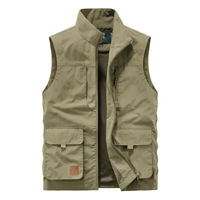 Men Cargo Waistcoat Jacket Zip Pockets Casual Vest Outdoor Fishing Hiking Travel • $38.22