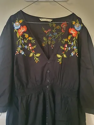 Black Floral Embroidery Long Maxi Dress Plus Size 24 Eshakti Boho Pockets  • $70
