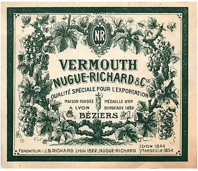  1930 French Vintage Wine Label Beziers NUGUE-RICHARD VERMOUTH Liqueur • $9.99