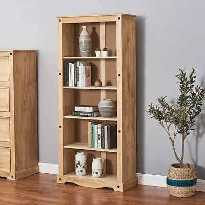 Panana Tall Bookcase - 5 Shelf Mexican Solid Pine Wood Rustic Distressed Cabinet • £89.99
