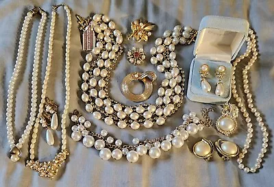 Huge Vintage-Now Faux Pearl Jewelry Lot Necklace Bracelet Brooch Earrings + 12Pc • $15.50