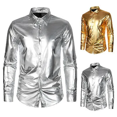 Men Long Sleeve Shirt Casual Stylish Men's Glossy Satin Performance For Club • £18.83