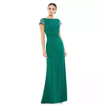 Mac Duggal 55718 Emerald Green Beaded Short Sleeve Boat Neck Sheath Gown Size 8 • $225