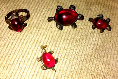 Vtg CARNELIAN Lucite? CAB TURTLES PIN RING PENDANT CHILD 30s 40s STERLING? 4pcs • $39.99