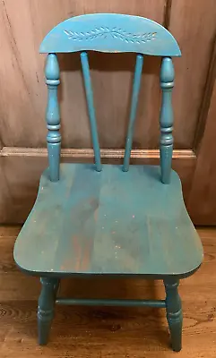 Vintage Hand-painted Child's/Doll's Blue Wooden Chair W/Spindles + Turned Legs • $40