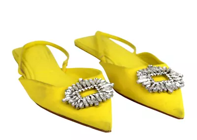 Zara YELLOW GENUINE LEATHER CRISTAL FLAT POINTED TOE SLINGBACKS SHOES Size 40 • $25