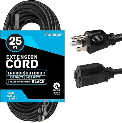 Thonapa 25 Ft Black Extension Cord -16/3 Electrical Cable -3 Prong Grounded Plug • $16.99