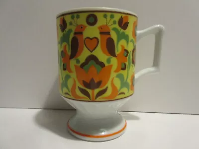 Vintage Mod Pedestal Coffee Tea Mug Tulips Partridge Bird Orange Brown Green 8oz • $14