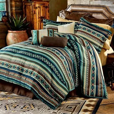 Beautiful Blue Green Teal Brown Southwest Moose Deer Log Cabin Comforter Set • $188.43