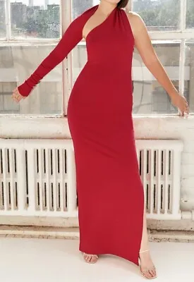 Marcella NYC Red Manhattan Gown M One Sleeve Maxi Dress Slit Fitted • $89.99