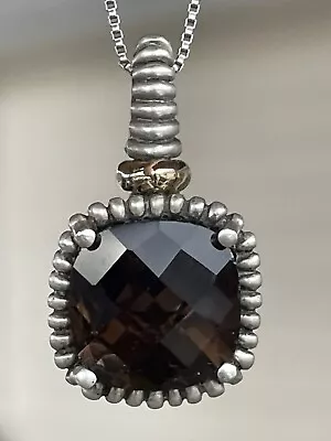 Cushion Cut Smokey Quartz Sterling Silver 925 And 14K Gold EMA Signed Pendant • $49.95