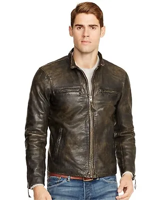 NEW Polo Ralph Lauren Motorcycle Cafe Racer Distressed Leather Jacket Dark Brown • $499.95