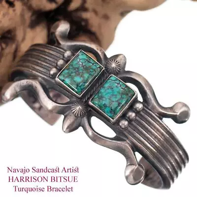 HARRISON BITSUE Turquoise Bracelet Sterling Silver SANDCAST Old Pawn Vintage • $175.50