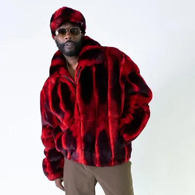 Fashion Mens Red Real Rex Rabbit Fur Chinchilla Bomber Jacket Coat Hot Cap Hat • $483.16