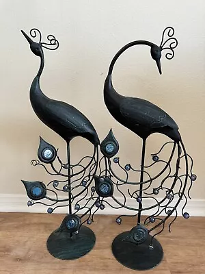 Peacock Metal Art Sculpture Set Of 2 Large 24 Inch Glass Beads Indoor Outdoor • $48.99