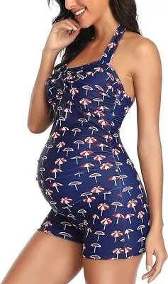 NEW EastElegant Maternity One Piece Halter Swimsuit Boy Short Umbrella Navy 2XL • $19.99