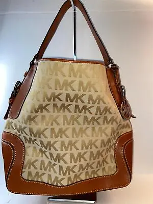 Michael Kors Brookville Large MK Logo Jacquard & Leather Shoulder Bag Tote EUC • $63.99