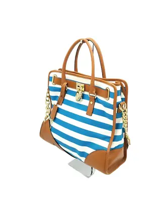 Michael Kors Large Hamilton Blue & White  Stripe Canvas Tote W/ Pad Lock • $124