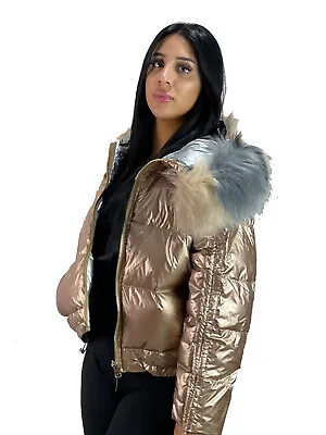 £150 • Buy Puffer Jacket Bubble Shiny Women Wet Look PVC PU Faux Fur Hood Reversible Coat  