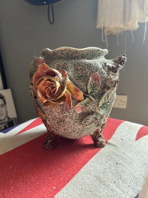 £8 • Buy Unusual Roughcast Vase With Raised Rose Detail
