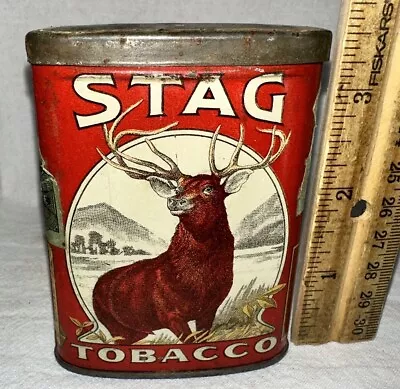 Antique Short Stag Tobacco Tin Litho Vertical Pocket Can Smoking Red Deer Vary1 • $61