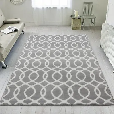 Silver Grey Living Room Rugs Cheap Small Large Geometric Rugs Long Hall Runners • £17.95