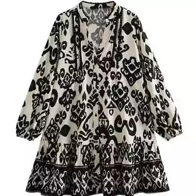 Zara Cream Dress With Black Ikat Print. Xl. New With Tags • $48