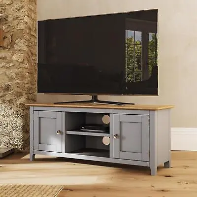Large 2 Door TV Unit Assembled Dove Grey Solid Oak Living Room • £149.95
