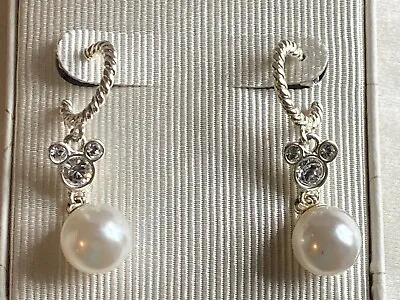 DISNEY Park MICKEY MOUSE Clear Cubic Zirconia Pearl C-Hoop Drop Earrings NEW • $34.99