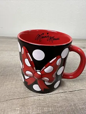 Disney Parks Minnie Mouse Coffe Mug Black White Polka Dot Bow Red 16oz Cup • $8