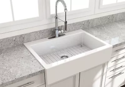 BOCCHI 1551-001-0120 White Fireclay 34  1 Bowl Farmhouse Sink For Easy Retro-Fit • $455