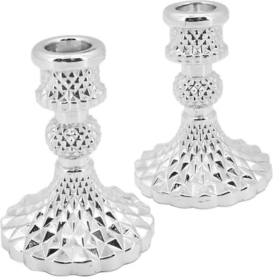 Seahelms Glass Candlestick Holders Set Of 2 - Table Taper Candle Holder Crystal • £9.13