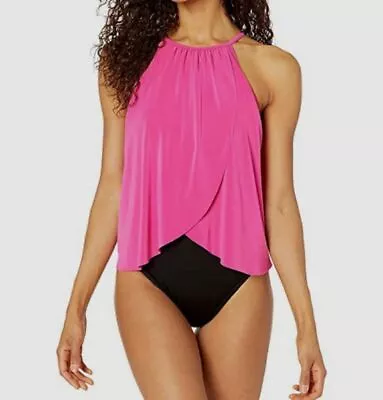 $185 Magicsuit Aubrey Women's Pink Draped Halter One Piece Swimsuit Swimdress 8 • $55.98