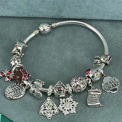925 Sterling Silver Charm Bracelet Christmas Enamel 14 Charms Bangle Chamilia • £110