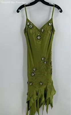 Vintage Sue Wong Womens Green Silk Asymmetric Ruffle Hem Beaded Slip Dress 2 • $47