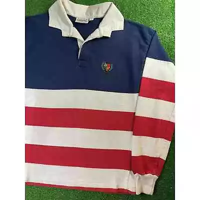 Vintage 90s American Eagle Heavy Cotton Large American Flag Polo Rugby Shirt USA • $49.99