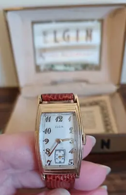 Antique Wrist Watch ELGIN 10K GF 17 Jewels Tank Genuine Lizard Band Metallic Box • $225