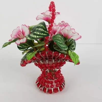 Flower Basket Dark Pink Beads Safety Pin Tramp Art Handmade 6  X 5  Vintage • $9.99