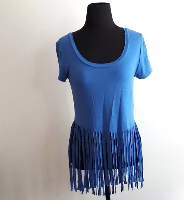 American Dream Women's Shirt Size Medium Blue Cap Sleeves Fringe Midriff Top • $8.90