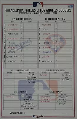 $49.99 • Buy April 24th, 2014 Philadelphia Phillies V Dodgers Line-up Card Harden Vs Kendrick