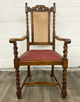 Antique English Oak Barley Twist Cane Back Dining Arm Chair • $449