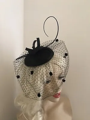 £29.99 • Buy Fascinator Black Pillbox Wedding Hat Formal Headpiece Disc Hatinator Veil Dots