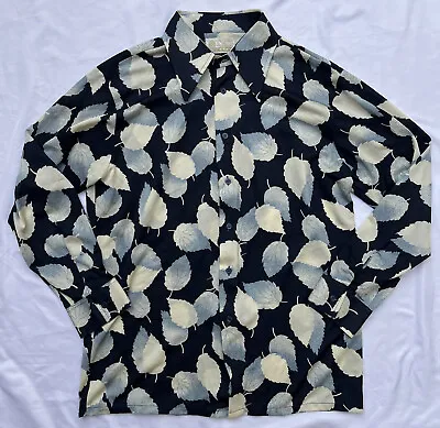 Kings Road Shop Mens Shirt Leaf Motif Size XL 70s Sears Vintage Ivory Blue • $19