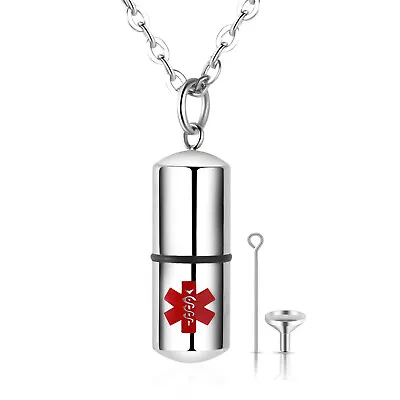 Stainless Steel Medical Alert ID Necklace Pill Shaped Pendant Keepsake Holder • $10.99